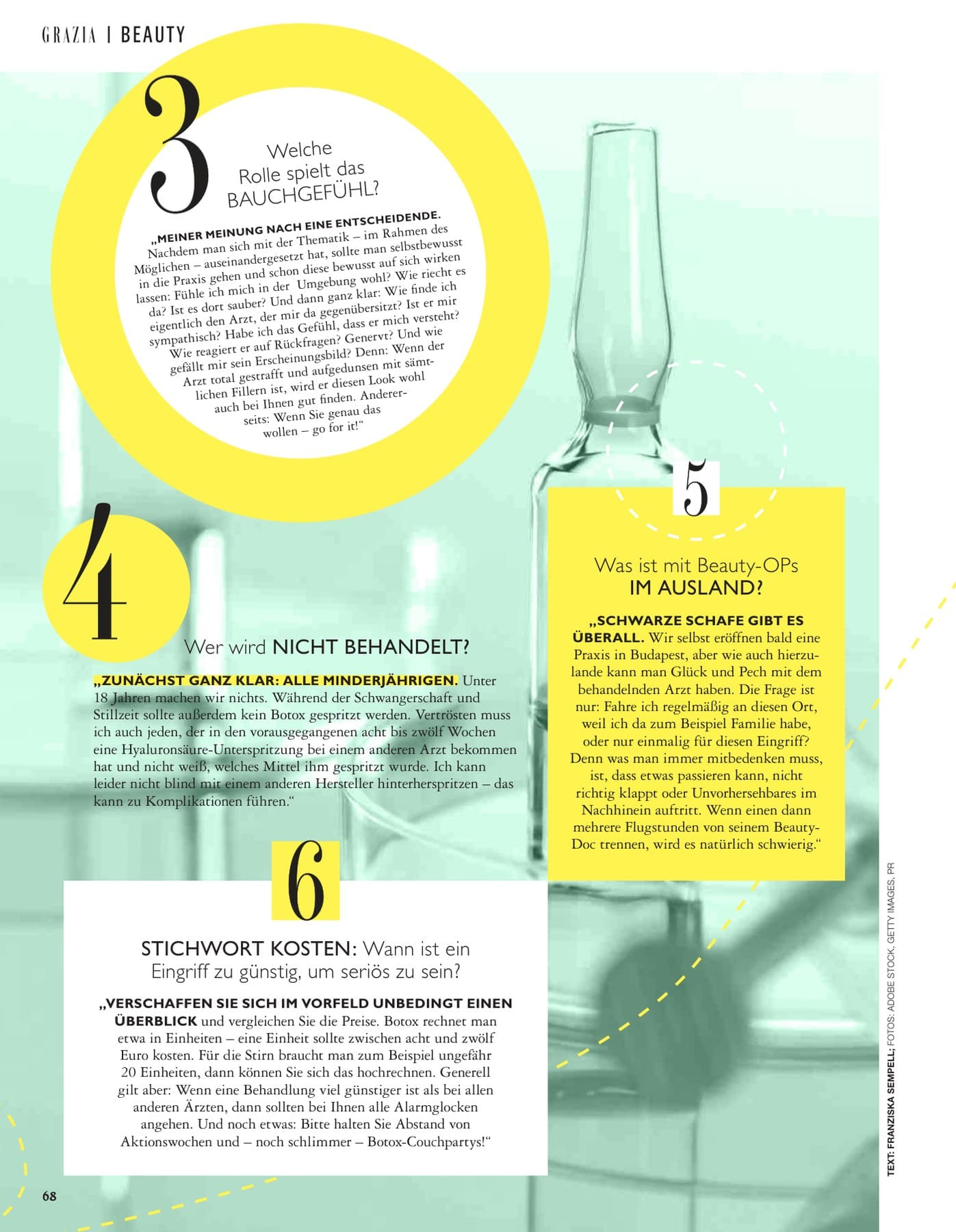 Grazia Beauty page 68 on gut feeling, treatments abroad and costs — mentions upcoming Budapest practice