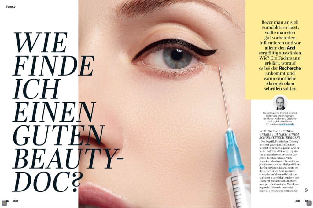 Jolie article Wie finde ich einen guten Beauty-Doc with specialist commentary by DR. MED. DR. MED. DENT. HANS KREHN